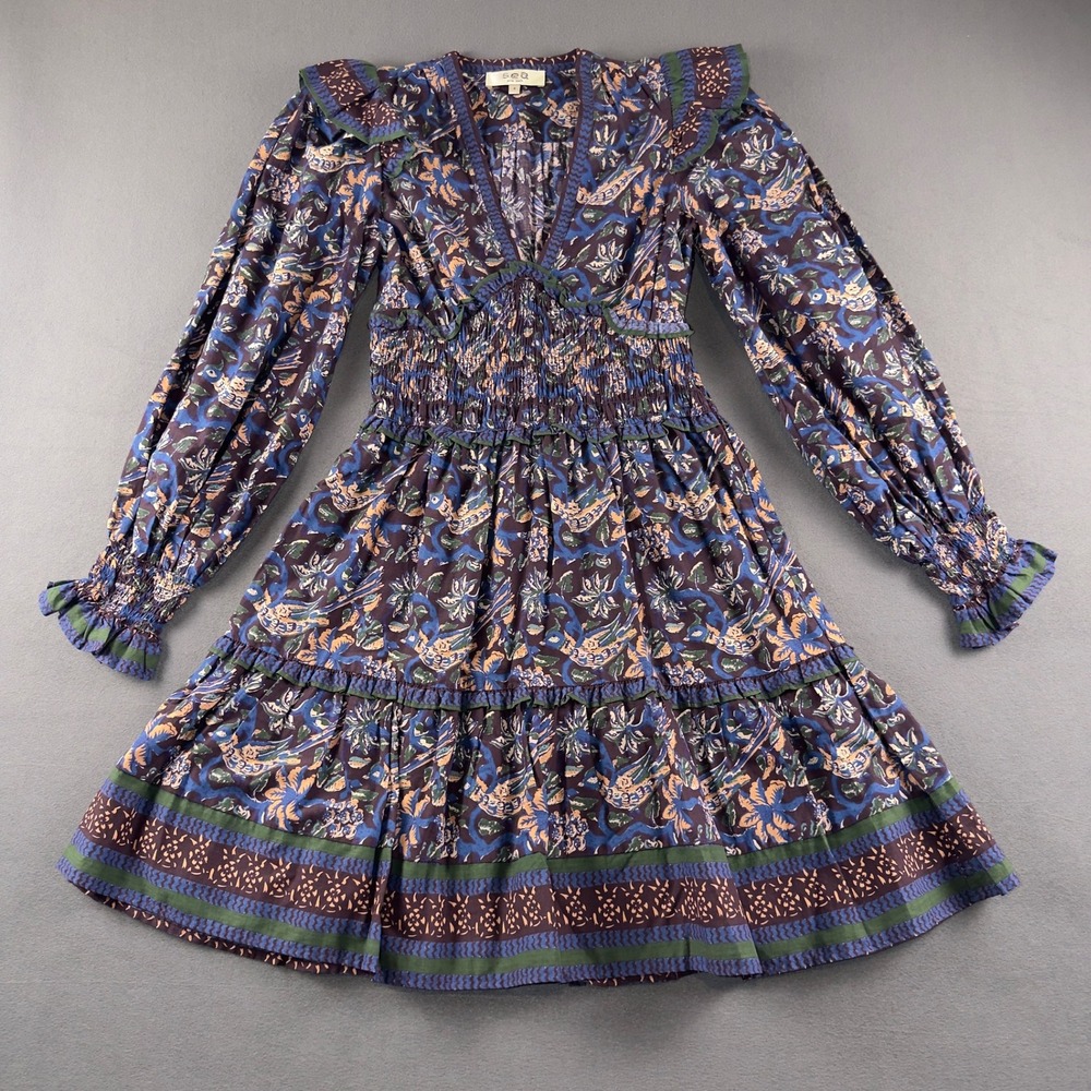 Sea New York Noah Print Smocked Dress Navy Blue Floral Ruffle Mini Size 4